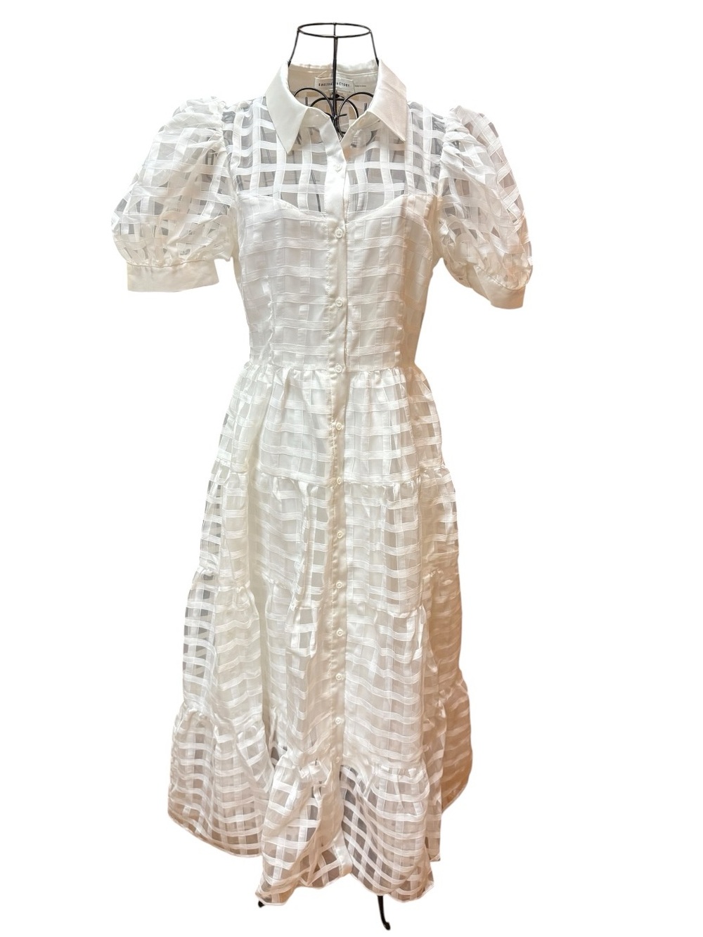 NWT Anthro English Factory White Sheer Check Midi Dress with Puff Sleeves